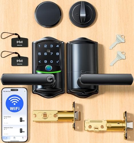 Veise VE029-E Wi-Fi Smart Lever Lock with Unkeyed Deadbolt Set, Fingerprint & APP Remote Control, Keyless Entry Door Lock for Front Door, Keypad Electronic Digital Knob, Double Locking, Matte Black - Image 1