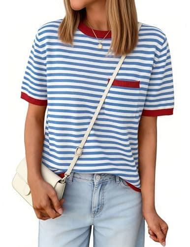 Aprolive Short Sleeve Sweater for Women Summer Striped Shirt Women Crew Neck Shirts Color Block Tops Trendy 2026 for Office Work(11-Blue Striped Red,Small) - Image 1