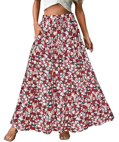 ECOWISH Women Boho Maxi Skirt: Summer Asymmetric Tiered Drawstring Elastic High Waist A-Line Flowy Long Skirts with Pockets 441 Red Flower S - Image 1