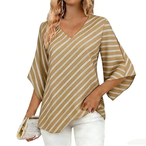 Womens Summer Tops 3/4 Sleeve, V Neck Striped Bell Sleeves Loose Fit Women's Tunic Top, Lightweight Breathable Dressy Casual Blouse Trendy Flowy Business Work Elegant Tees for Women Khaki XXL - Image 1