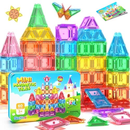 Soyee Mini Magnetic Tiles 60PCS Toddler Kids Toys Travel Set with Metal Tin Case, Portable STEM Building Blocks Kids Toy for 3 4 5 6 7 8 Year Old Boys & Girls, Educational Toddler Kids - Image 1