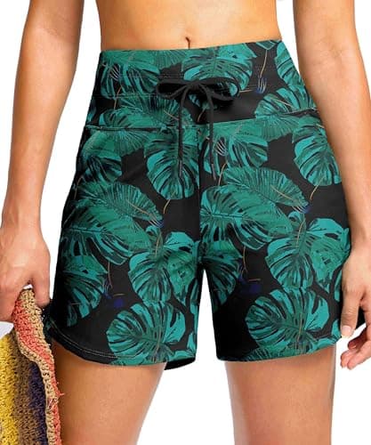 Viodia Women's 5" High Waisted Swim Board Shorts Quick Dry Beach Shorts with Pockets UPF 50+ Swimsuit Bottoms with Liner Leaf XL - Image 1