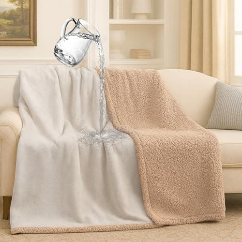 Makigued Waterproof Dog Blanket for Couch & Bed, Reversible Sherpa Fleece Pet Throw with Quiet TPU Barrier, Machine Washable Furniture Protector for Large Dogs & Cats, Throw Size 50x60 Inch, Cream