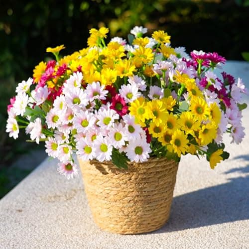 Artificial Spring Flowers Plants for Outdoors ,12 Bundles Faux mums Mix Silk Glory UV Sun Resistant, Realistic Fake Flowers for Planter Porch Patio Yard Balcony Home Decor (yellow/white/pink/red)