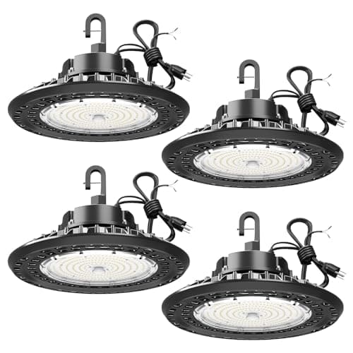 G GJIA 15000LM Super Bright High Bay Lights 5000K, 0-10V Dimmable,US Plug 5' Cable, 100-277V for Workshop Barn Warehouse(4 Pack)