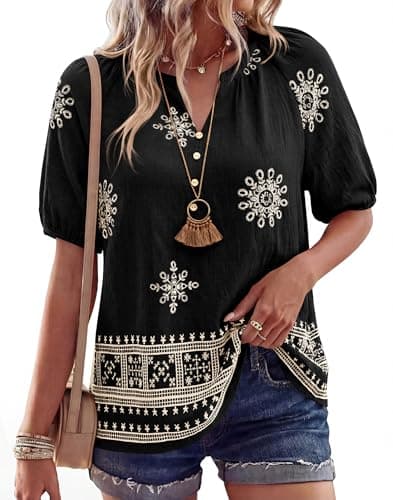 BTFBM Womens Summer Boho Tops Casual V Neck Short Sleeve Blouses Floral Print Shirt Tie Front Beach Vacation Fashion Clothing(Floral Black Apricot, Large) - Image 1