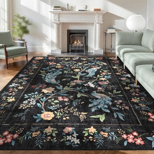 GarveeHome Black Area Rugs 8x10 for Living Room, Floral Peacock Large Washable Rug Soft Non Slip Backing Floor Mat Animal Print Carpet Indoor Thin Rug for Bedroom Dining Room Nursery Playroom - Image 1