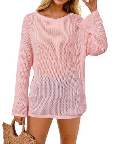 Arach&Cloz 2025 Women's Lyocell Linen Summer Fall Lightweight Oversized Swimsuit Cover Up Off Shoulder Crochet Tops Long Sleeve Boat Neck Shirts Loose Beach Vacation Outfits Casual Cute Pink XXL - Image 1