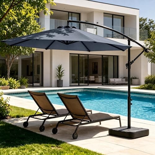 OLILAWN 10FT Cantilever Offset Patio Umbrella with Base Included, Outdoor Umbrella with Base, 360° Rotation & Infinite Tilt, Yarn-Dyed Fade-Resistant Canopy, 8-Rib Heavy Duty Steel Frame for Patio Pool Deck Backyard, Slate - Image 1