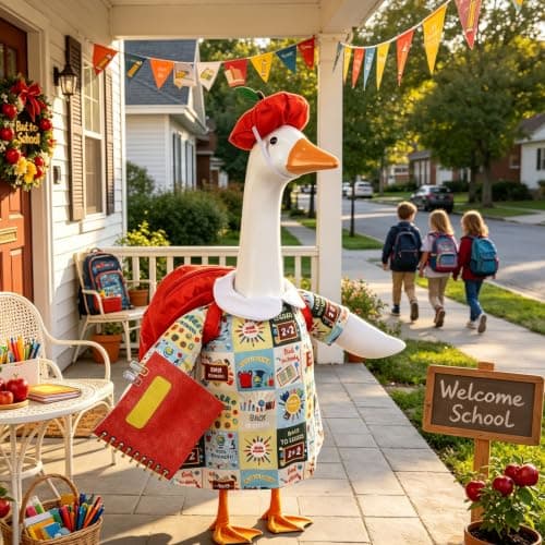 yuboo Back to School Porch Goose Outfit for 23 Inch Cement Goose Statue, Classroom Decor Geese with Red Apple Hat, Red Backpack & Notebook, School Themed Lawn Geese Costume for Yard Decor - Image 1