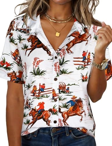 LILYCHIC Womens Short Sleeve Hawaiian Shirts V Neck Cowgirl Tshirts Button Down Summer Blouse Hawaiian Beach Outfit - Image 1