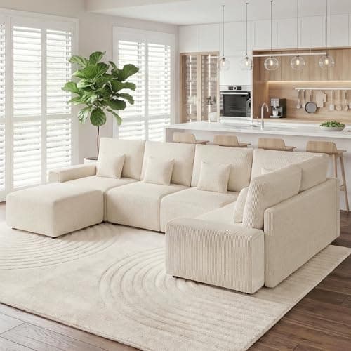 Luxury Oversized Corduroy Modular Couch, Comfy U-Shaped Cloud Sectional Sofa with Deep Seats, Moveable Ottomans, Modern Minimalist Sleeper Sofa for Living Rooms (6-Seater U Shaped, Beige) - Image 1
