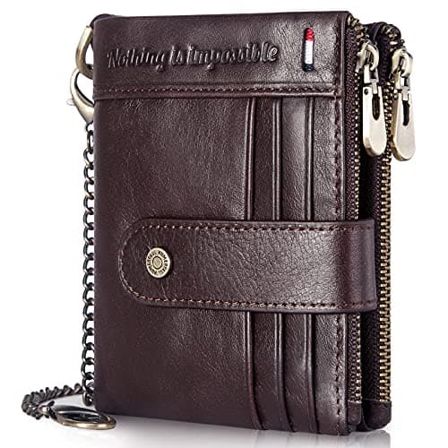 gzcz Chain Wallets for Men with Zipper Genuine Leather Bifold Rfid Blocking Card Holder Coin Pocket Wallet - Image 1