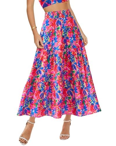 BTFBM Skirts for Women Summer 2026 Floral Print A Line Elastic High Waist Boho Maxi Skirt Spring Fashion Clothing Pocket(Floral Blue Pink, XX-Large) - Image 1