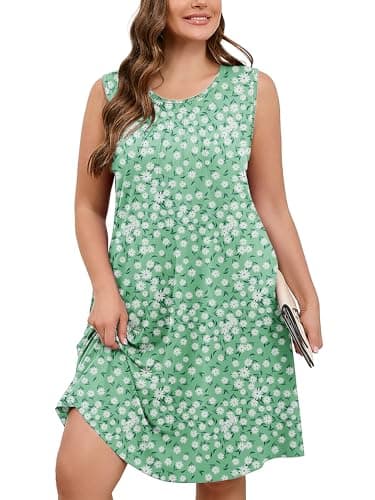 AusLook Plus Size Floral Midi Dress for Women Sleeveless Casual Summer Tank 3X Dress with Pockets Round Neck A-Line Swing Flowy Vacation Beach Sundress - Image 1