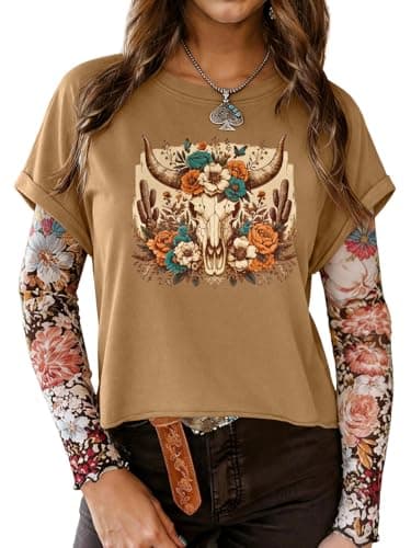 TAKEYAL Womens Western Tops Cowgirl Grahpic Tshirts Cute Vintage Summer T Shirts with Roll-Up Cuff Sleeves 2026 Brown - Image 1