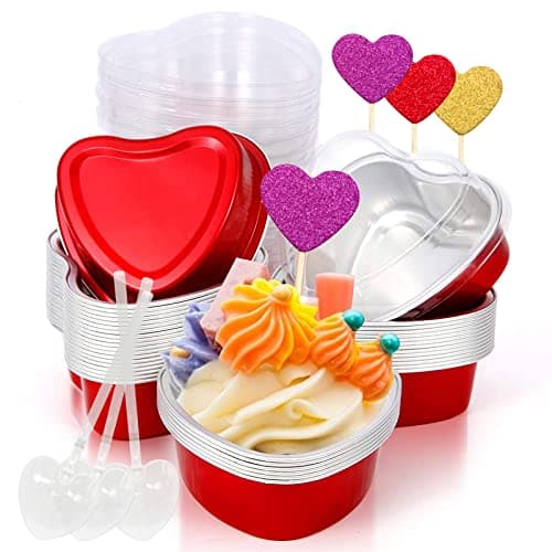 Heart Shaped Cake Pans Valentines Aluminum Mini Cake Pans with Lids for Baking 30 Packs 3.4 Ounces Disposable Cupcake Cup Pan Baking Pans for Valentine Mother's Day Wedding Birthday Baking Supplies - Image 1