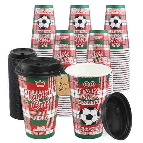 Sowinvent 16 oz Champion Cup A Salute To Italy, 4-Time World Soccer Champion, 120 Sets Disposable Paper Party Cups with Lids, Restaurant Catering Concession & Fan Event Decorations, FORZA AZZURRI 2030 - Image 1
