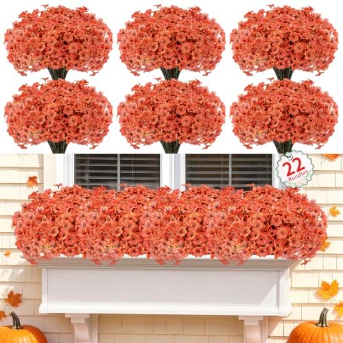 Powbrace 22 Bunch Outdoor Artificial Flowers with Plastic Plants Violets Faux Flowers,Outdoor Front Porch Hanging Planter Window Frame Garden Decor (Orange) - Image 1