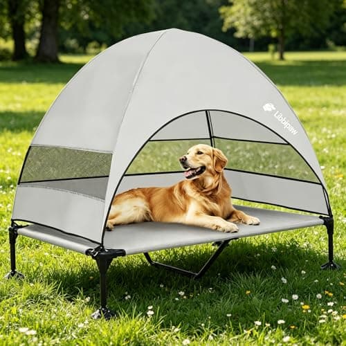 Libbipaw Windproof Elevated Dog Bed with Canopy & Stakes, 3-Sided 90% UV Block, Chew-Proof Teslin Mesh Mat for Large Dogs up to 150lbs(Grey X-Large)