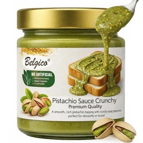 Belgico Crunchy Pistachio Sauce, 30% Pistachio, Gourmet Nut Butter with Toasted Pistachio Pieces Ideal for Dubai Chocolate Bar Filling, Kataifi, & Pastry Toppings 7oz (200g) - Image 1