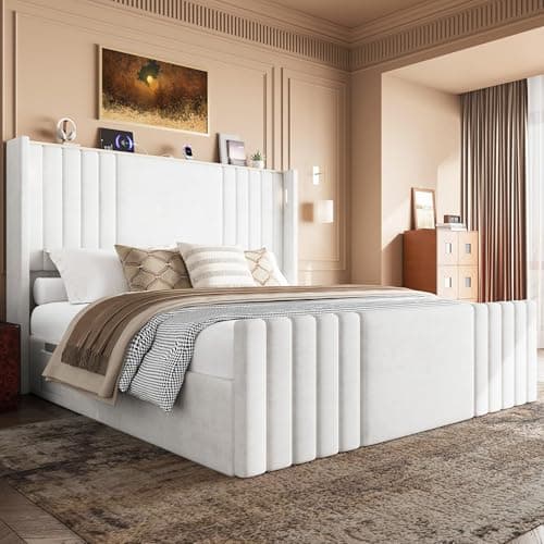 Uteeran Queen Bed Frame with 55.1" Tall Headboard, Velvet Upholstered Platform Bed with Channel Tufted Wingback, 2 Reading Lights/Storage Shelf/Charging Station/Easy Assembly/Noise-Free, Cream - Image 1