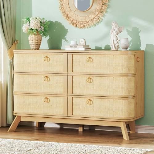 HUAHUU 6 Drawer Rattan Dresser for Bedroom, 43'' Fluted Modern Wooden Dresser with Metal Handles&Wood Legs, Curved Profile Design, Boho Chest of Drawers for Bedroom, Living Room, Natural - Image 1