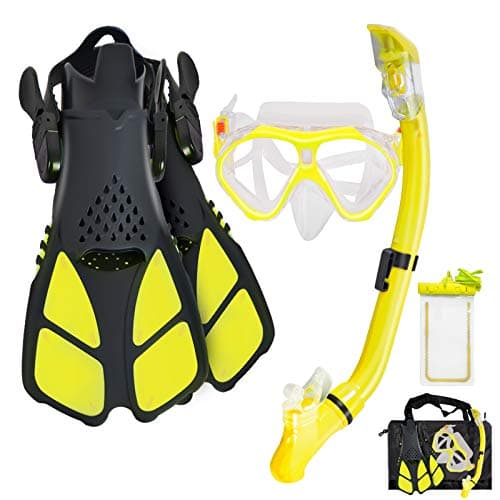 Aisrida Kids Snorkeling Set Children Mask Fin Snorkel Set Snorkeling Gear Snorkel Mask + Adjustable Swimming Kids Flippers+ Dry Snorkel Tube + Travel Bags (Yellow) - Image 1