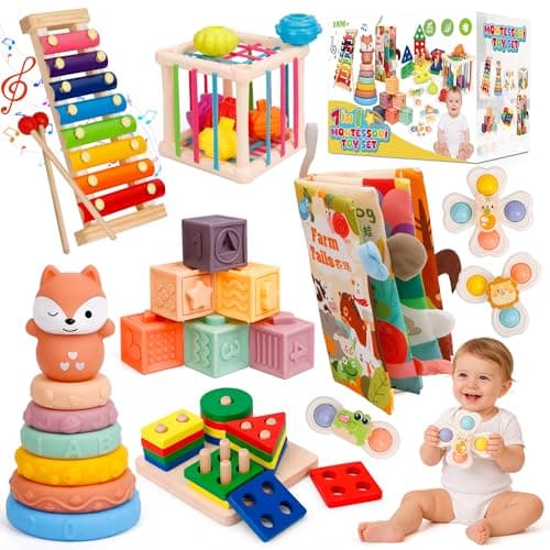 VuvuVoda Montessori Baby Toys for Toddlers 1-3, 7-in-1 Educational Activity Toy Set with Soft Cloth Book, Stacking Blocks & Learning Toys, Birthday Gifts for Boys Girls
