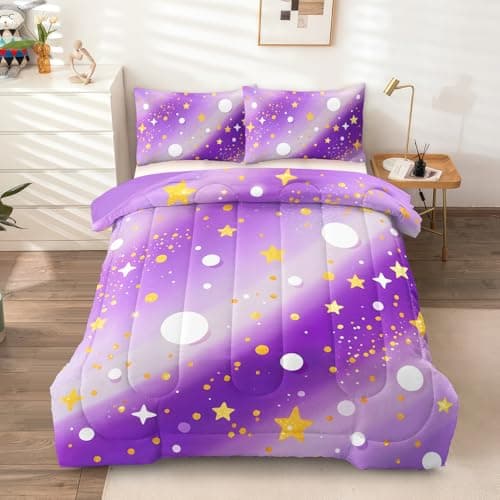HICAND 3 Pcs Full Bedding Sets for Girls, Purple Glitter Rainbow Full Size Bed Set, Stars Galaxy Bedding Comforter Set for Girls - Image 1