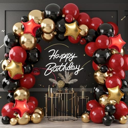 Red Gold Black Balloon Garland Arch Kit, 160Pcs Black Red Gold Latex Balloons with Star Foil Balloons for Anniversary Casino Night New Years Hollywood Movie Night Birthday Party Decorations - Image 1