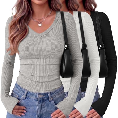 Zeagoo V Neck Long Sleeve Top 2026 Fall Fashion Basic Tee Ribbed Knit Shirts Basic Stretchy Fitted Going Out Tops 3 Pack - Image 1