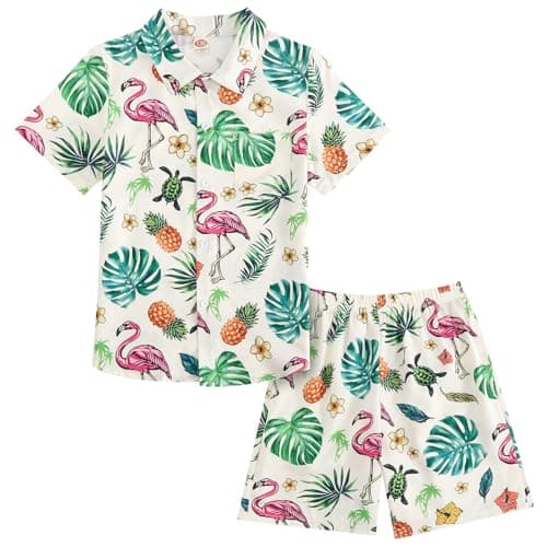 JiAmy Boys Hawaiian Outfit 2 Piece Button Down Short Sleeve Shirt and Shorts Set with Pockets Size 11-12 Flamingo White - Image 1