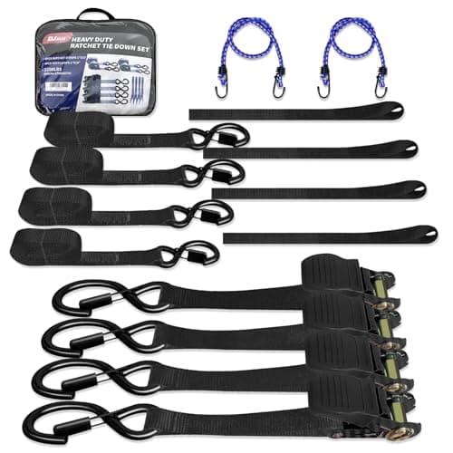 Motorcycle Tie Down Straps 1" x15' (4-Pack), Waterproof Carry Bag 2200lb Break Strength with Soft Loops & Coated S-Hooks for Truck, Trailer, ATV, UTV, Boat (Black) - Image 1