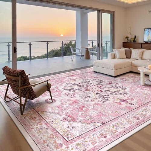 U'Artlines Pink Area Rug 9x12 Large Boho Washable Soft Carpet for Living Room Bedroom Dining Room Office Indoor Rugs for Home Decor - Image 1