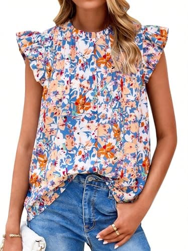 PRETTYGARDEN Women Button Down Boho Shirts Floral Ruffle Cap Sleeve Mock Neck Flowy Casual Summer Blouses Tops (Floral Grey Blue, Medium) - Image 1