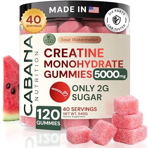 Creatine Monohydrate Gummies 5g - Only 2g Sugar, Made in USA - Sour Watermelon Flavor - Vegan & 3rd Party Tested - Pre & Post Workout Supplement for Women and Men (120 Count, 40 Servings) - Image 1