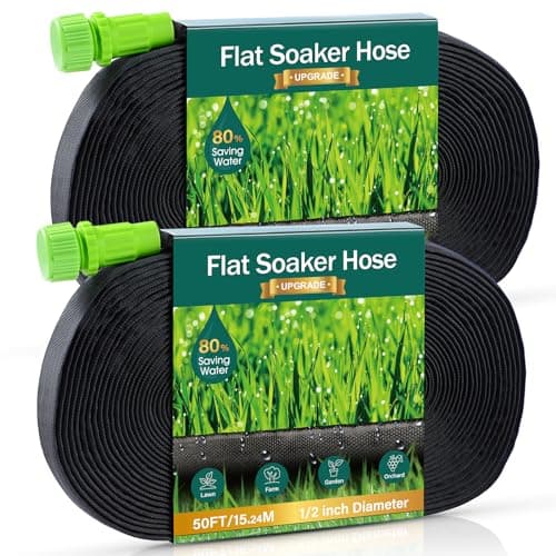 Soaker Hose - Flat Soaker Hose 100 FT for Garden Beds, 2 x 50 FT Garden Soaker Hoses with Heavy Duty, Double Layer Sprinkler Soaker Hoses - Image 1