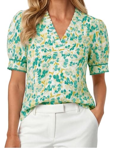 GRACE KARIN Women Boho Floral Tops, Summer Puff Short Sleeve Dressy Casual Shirts, 2026 Spring V Neck Vacation Work Blouse Green White S - Image 1