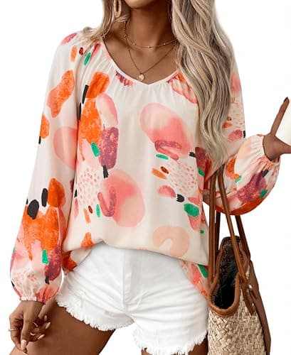 Zenlonr Women's Summer Tops Dressy Casual 2026 V Neck Satin Silk Printed Shirts Boho Long Sleeve Work Blouses(Orange Watercolour,Large) - Image 1