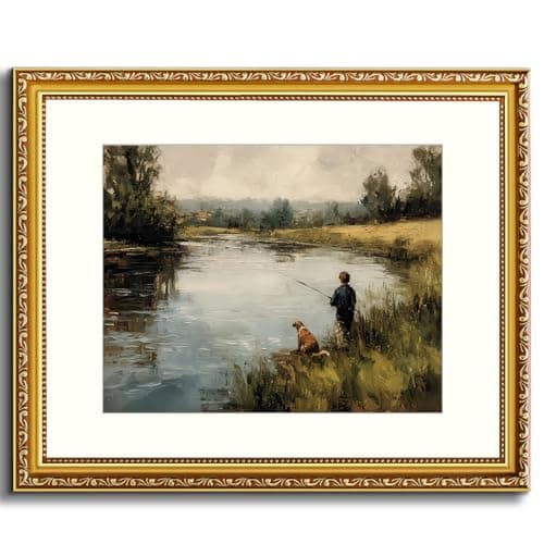 AtterrirArt Gold Framed Vintage Wall Art 13 * 16inch, Boy Fishing Wall Decor Canvas Print, Farmhouse Dog and Boy Room Decor, Country Landscape Lake Wall Art For Bedroom Nursery Living Room, Ready to Hang - Image 1