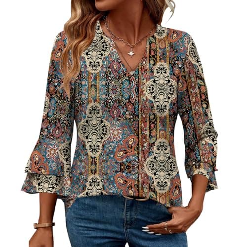 IEEILULU 3/4 Length Sleeve Womens Tops V Neck Tunics Ruffle Sleeve Tops Blouses for Women Dressy Casual (US, Alpha, Large, Regular, Regular, Brown) - Image 1