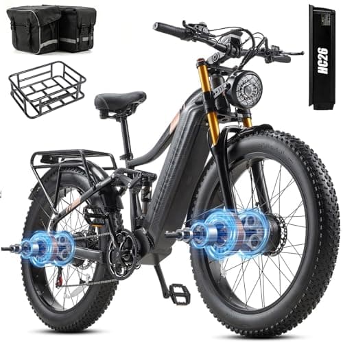 Electric Bike for Adults 3000W Peak AWD Dual Motor 48V 30Ah Battery Up to 90 Miles Long Range 30MPH Mountain E Bikes 26" Fat Tire Off-Road Full Suspension Electric Bicycle, Dual Hydraulic Brakes - Image 1