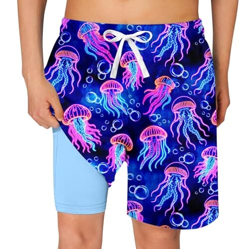 westwolf Kid Board Shorts 8 9 Neon Jellyfish Boys Bathing Suit with Compression Liner Neon Jellyfish Boys Swim Shorts Size 8 9 with Pockets Swim Trunks Classical Summer Beach Shorts Clothes - Image 1