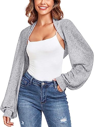 ZAFUL Women's Cardigan Shrugs Long Batwing Sleeve Knitted Cropped Bolero Open Front Casual Cardigans for Dresses Grey M - Image 1