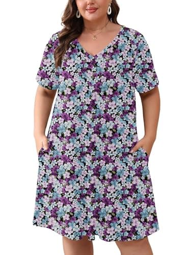 AusLook Plus Size Midi Dress for Women Tricolor Blossoms 2X Short Sleeve Loose V Neck Summer Casual A Line Knee Length Work Outfit T Shirt 2026 Sundresses with Pockets - Image 1