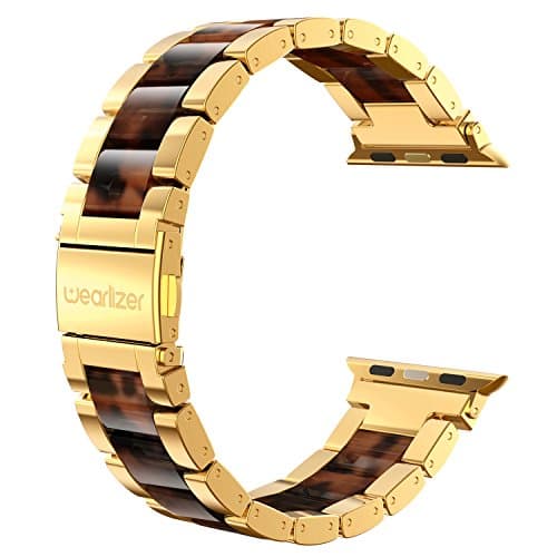 Wearlizer Compatible with Apple Watch Band 42/44/45/46/49mm Replacement Womens Mens Wristbands Gold Stainless Steel Tortoise Resin Strap Metal iWatch Series 11 10 9 8 7 6 5 4 3 SE/Ultra 3 2 1