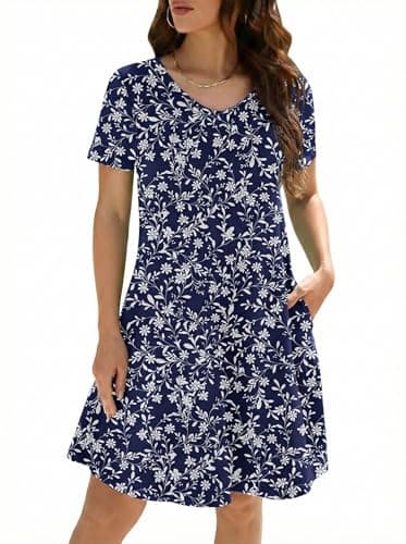 KORSIS Summer Dresses for Women Casual T-Shirt Floral Dress V Neck Swing Flowy Short Sleeve Beach Vacation Sundress with Pockets M - Image 1