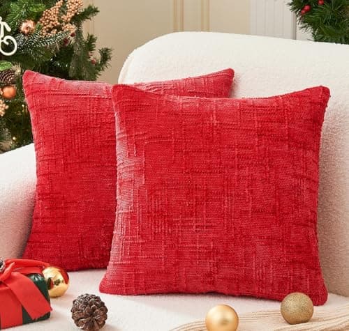 GriNeed Christmas Red Pillow Covers Set of 2 18x18 Inch Throw Pillow Covers, Soft Chenille Xmas Decorative Pillowcases for Couch Sofa Bed Living Room, Home Cute Decor, Modern Cushion Covers - Image 1
