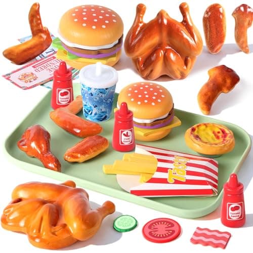Wooden Play Food for Kids Kitchen Set with 10 Stacking Challenge Cards, 40+ Pcs Fake Fast Food Hamburger Toy with Roast Chicken & Play Money, Pretend Play Toys Birthday Gift for Toddlers Age 2-6 - Image 1
